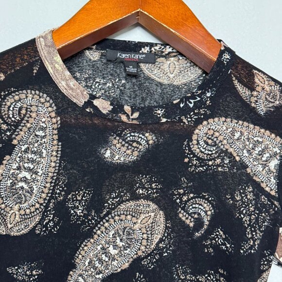 Vintage Karen Kane Opaque Black Brown Paisley Long Sleeve Round Hem Top Medium - Picture 2 of 11